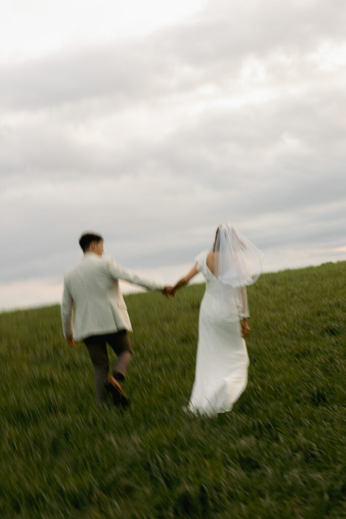 photo cinématique d'un mariage dans l'herbe